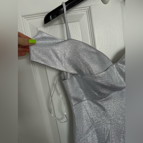 Nightway Long Off-the-Shoulder Metallic Open Leg Maxi Dress - Picture 6 of 14